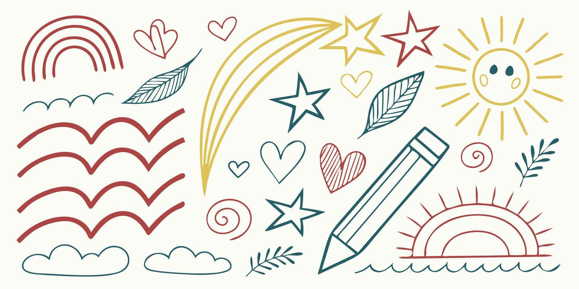 Creative Sketch Icons with Stars, Hearts, and Rainbows vector