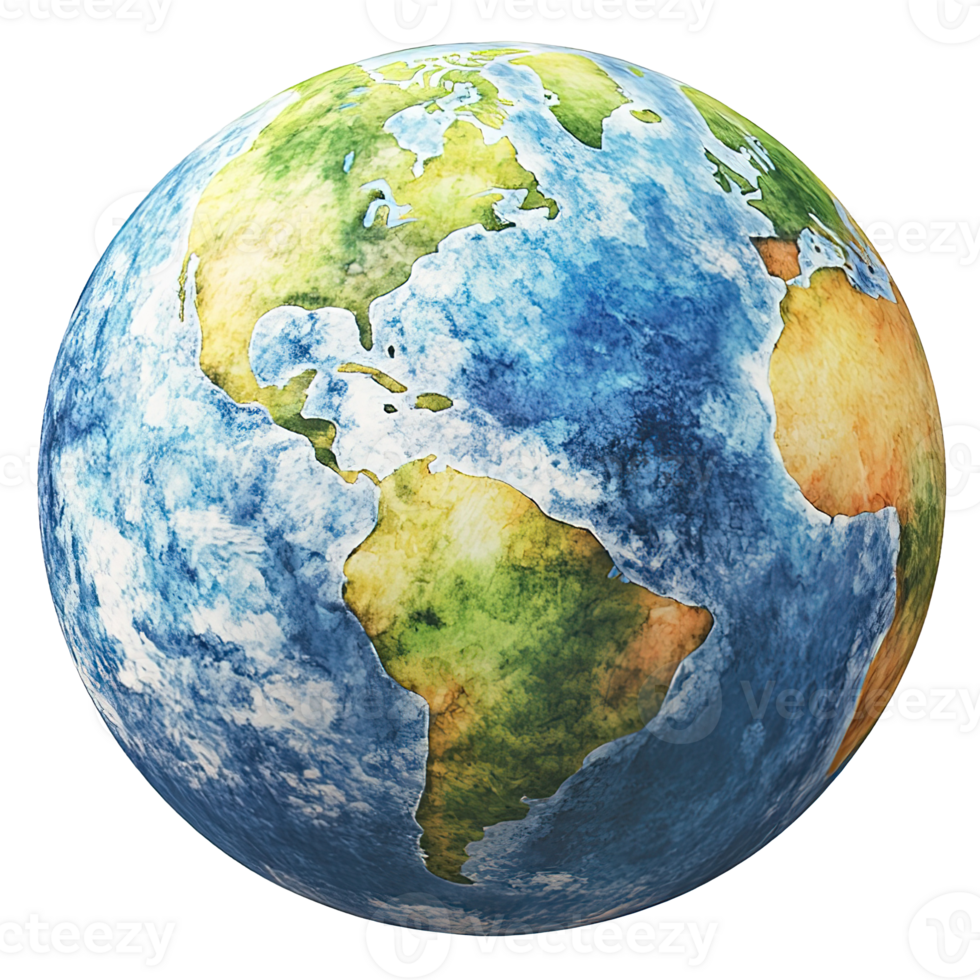 Hand Painted Globe with Continents and Ocean Details Isolated on Transparent Background png