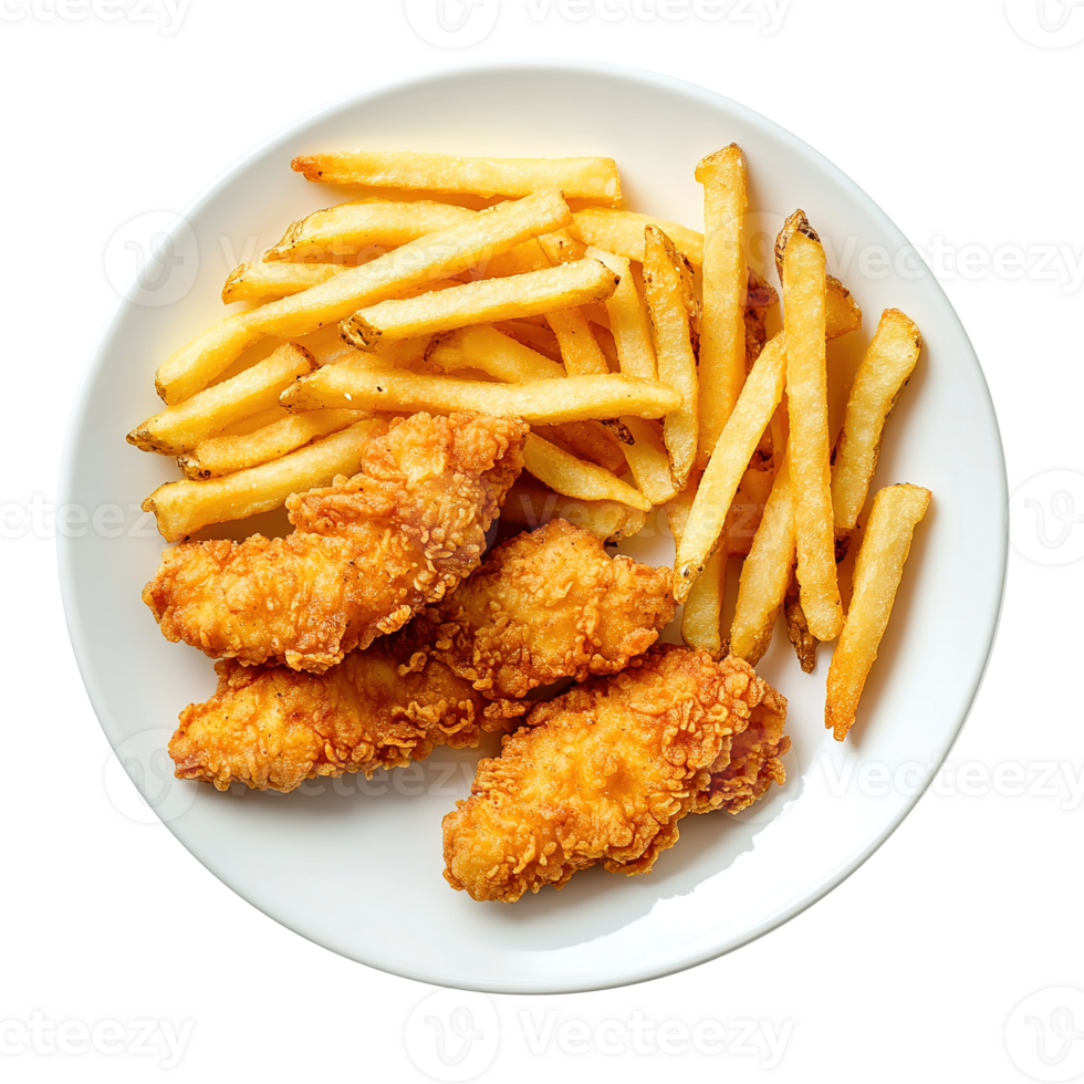 Crispy Chicken Strips with French Fries on White Plate Isolated on Transparent Background png