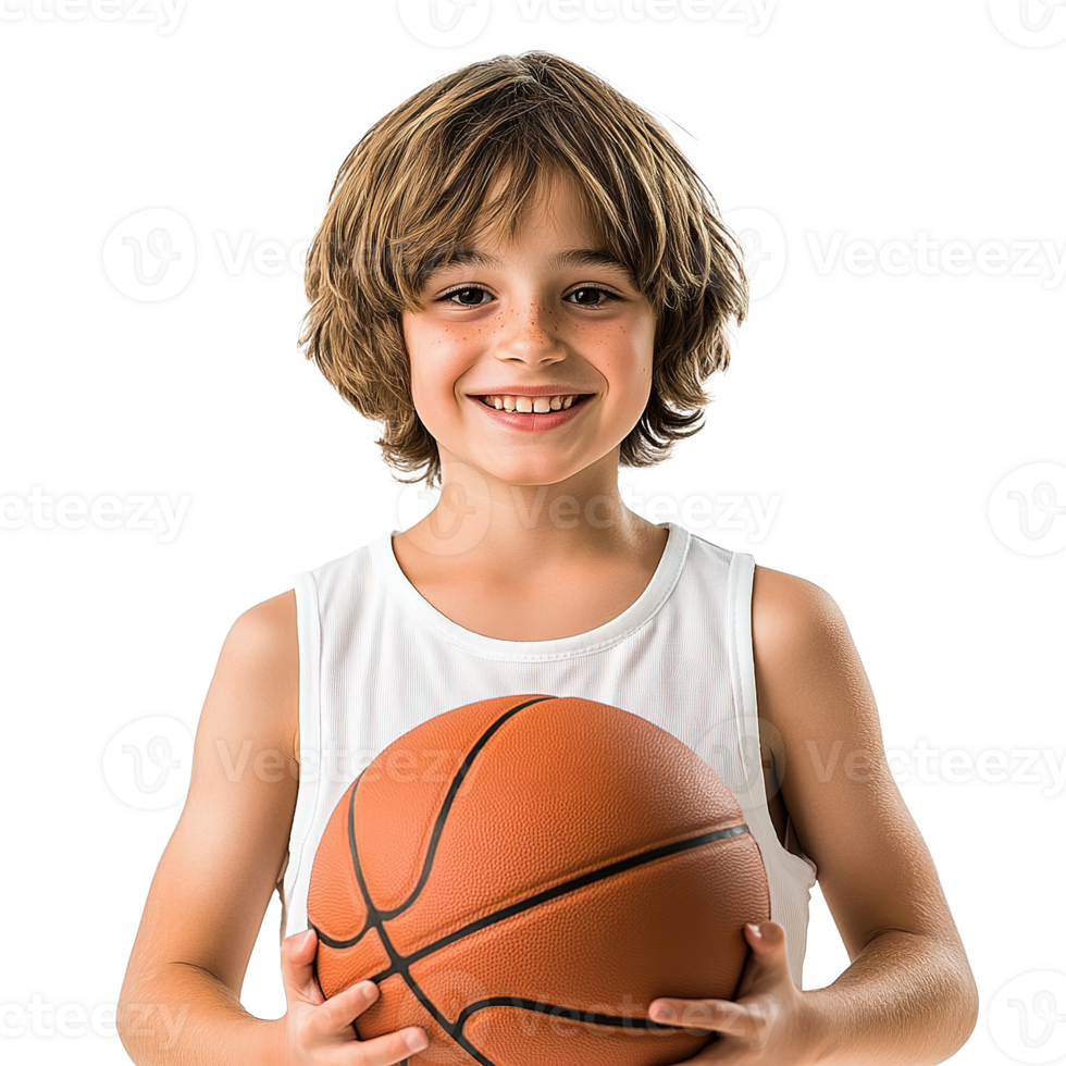 Young Kid Holding a Basketball with Smiling at Transparent Background png