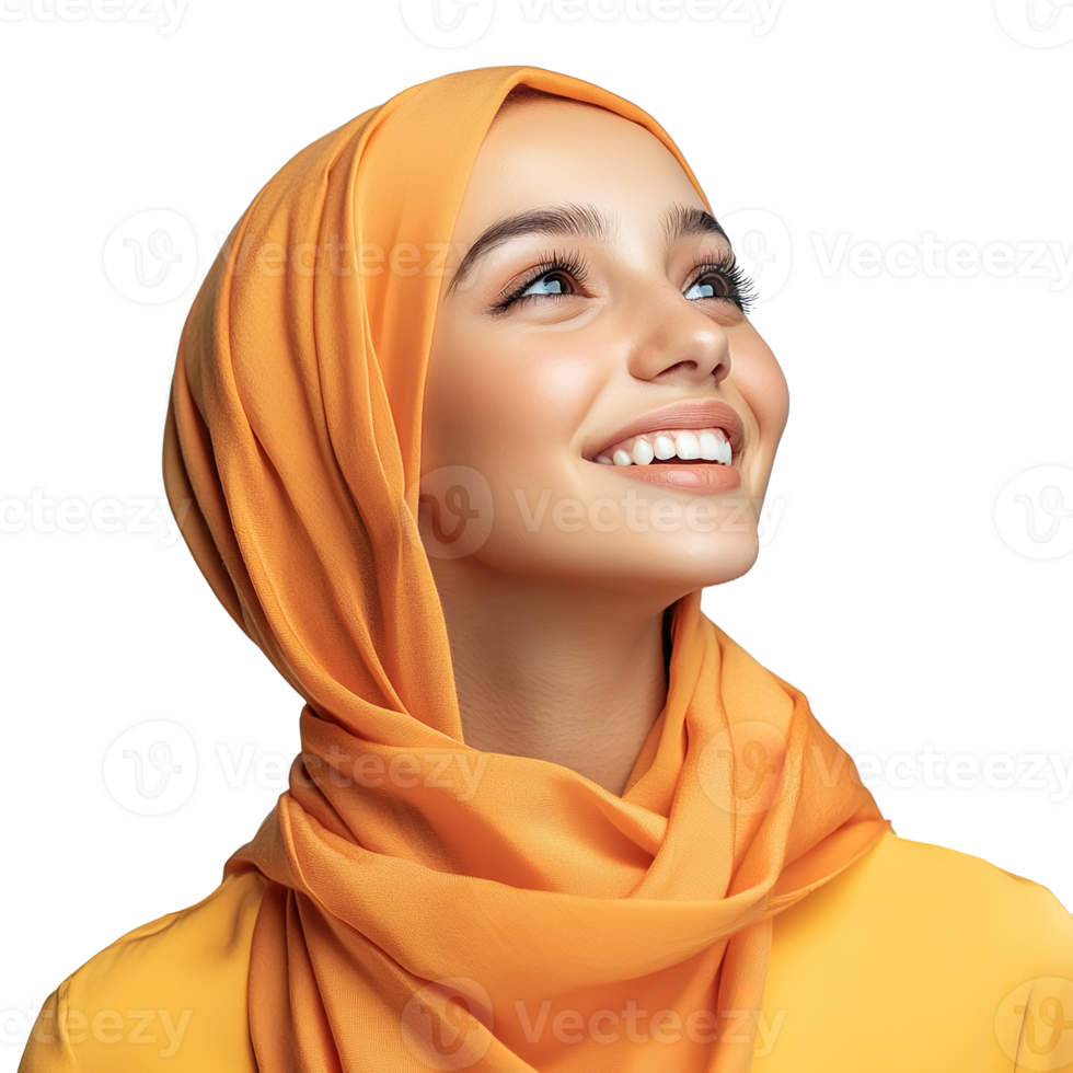 Smiling Muslim Female Model Wearing Hijab Looking Up Isolated at Transparent Background png