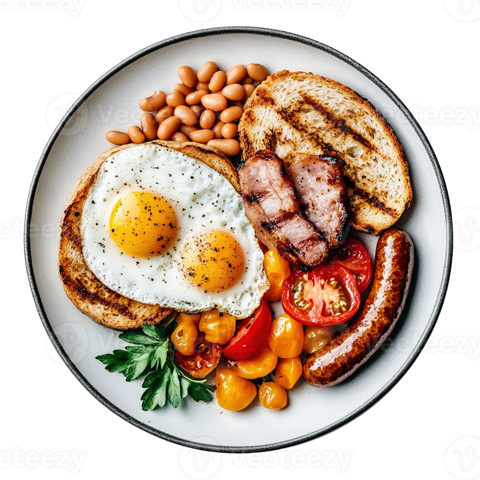 Traditional English Breakfast with Fried Eggs, Sausages, Beans, Grilled Tomatoes, Meat and Toast on A Plate Isolated at Transparent Background png