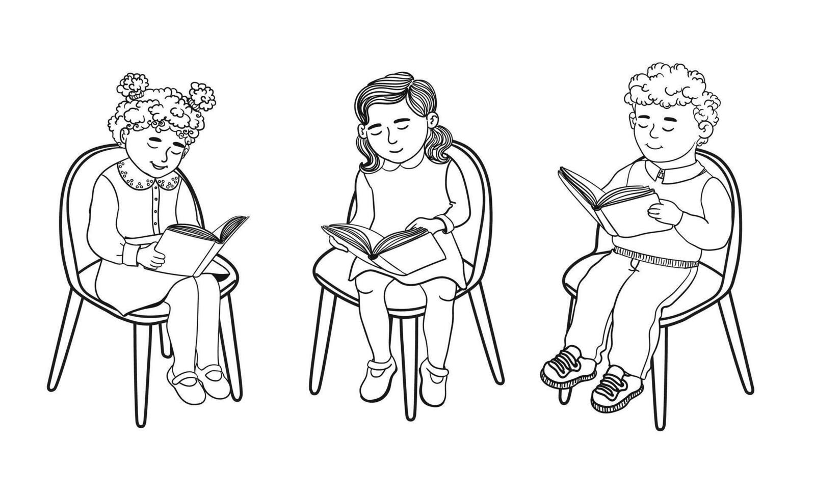 Black Outline of Illustration of Cute Children Sitting in a Comfortable Chair and Reading Books Isolated on White Background vector