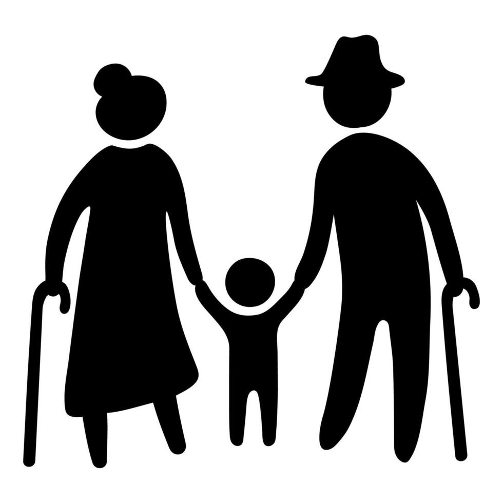 Black Silhouette of Grandparents With Grandson Isolated on White Background vector