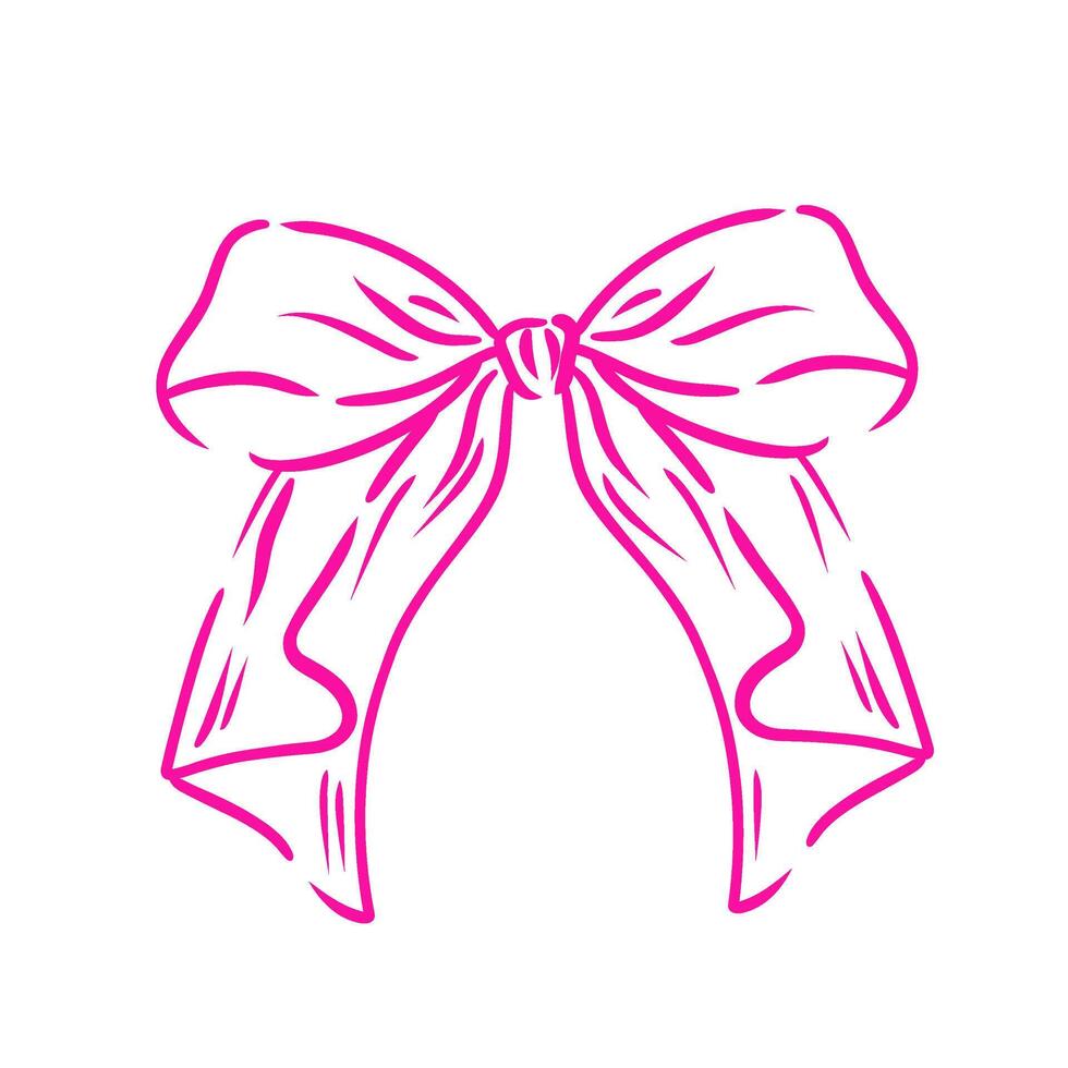 Decorative pink bow. Coquette bow. Hand drawn girly decor. Line illustration design element for Valentine and wedding invitations, christmas cards, poster. vector