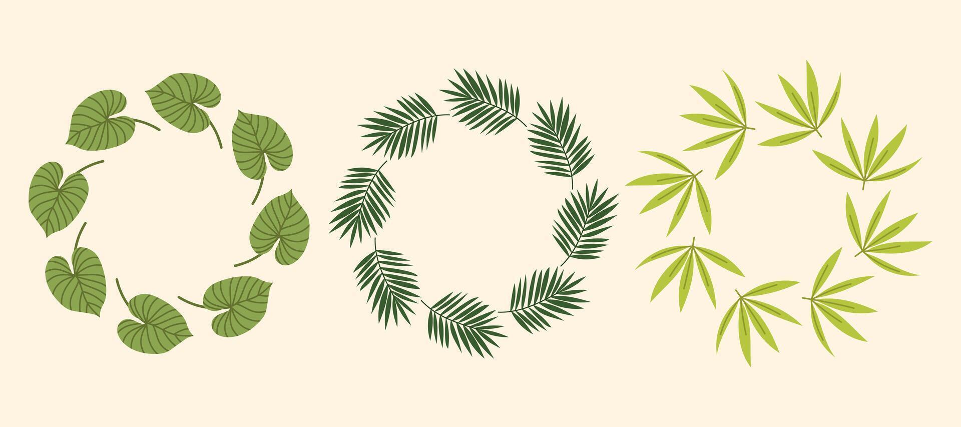 Set tropical frames or borders. Round tropical frame for invitation, card, cover, birthday, baby shower. Tropical leaves, jungle. vector