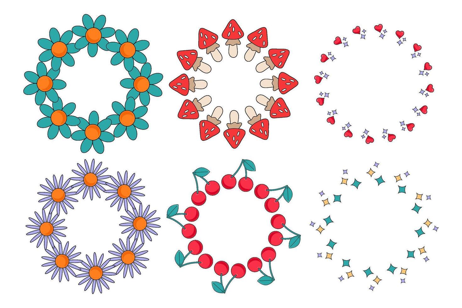 Set frames retro style. Groovy frames or borders. Hippie 00s. Cartoon flower, cherry, mushrooms. For invitation, card, cover, birthday. vector