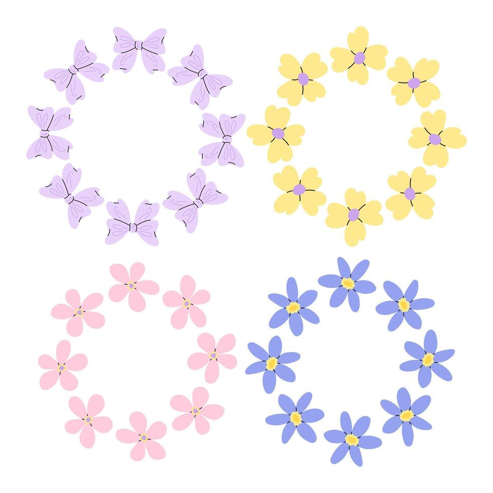 Set round spring floral borders for design and decoration. Cute flower frames. For invitations, packaging, spring or summer cards. vector