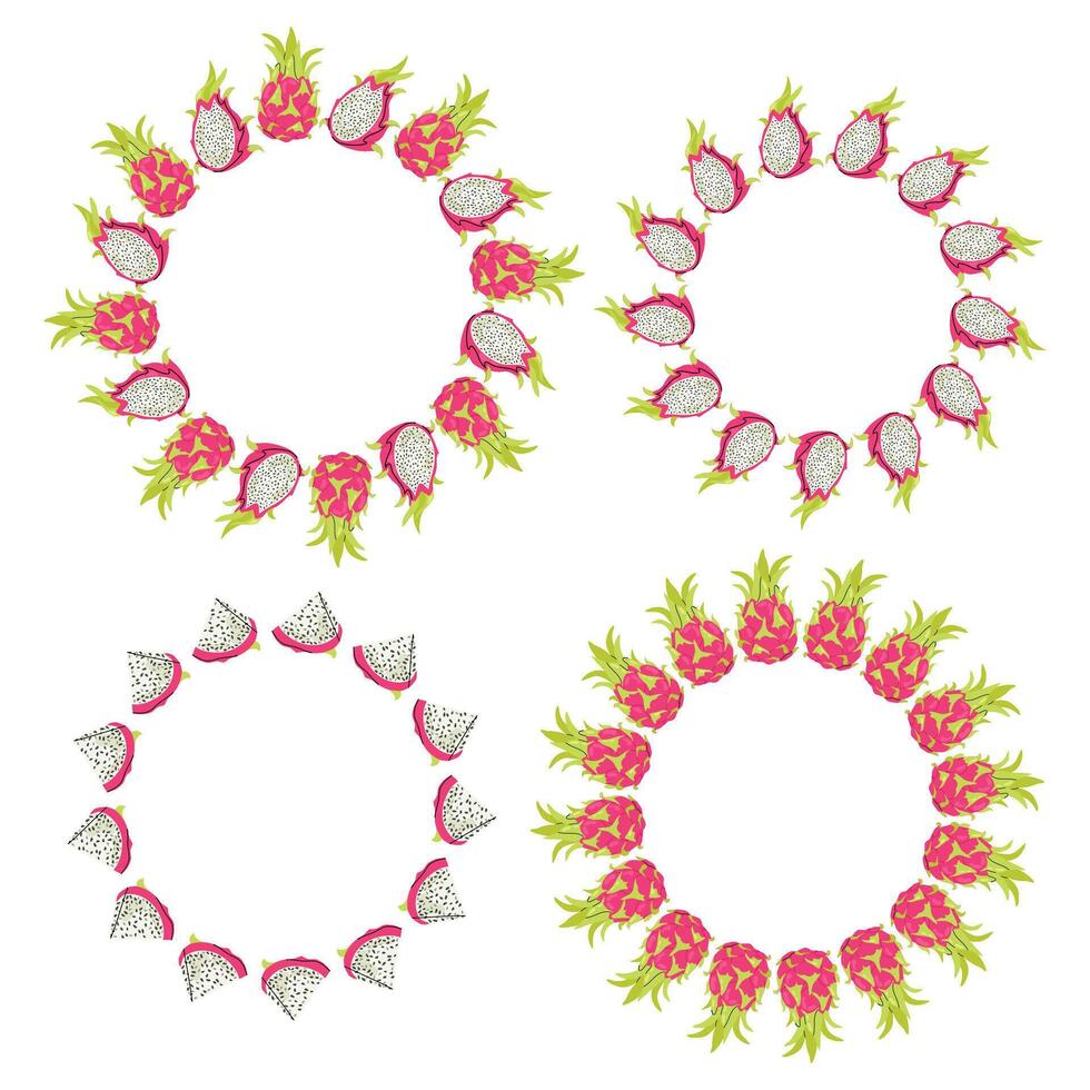 Set frames with dragon fruit. Round frame for invitation, card, cover, birthday, baby shower. Juicy dragon fruit. Space for text. vector