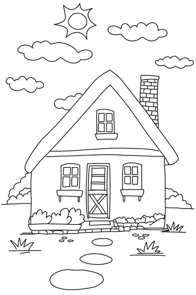 Black and white art line of house. Coloring page of cute house object for children vector