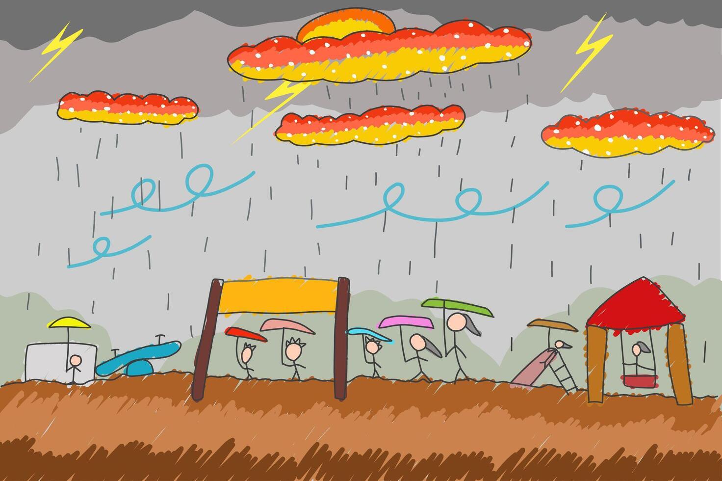 children playing in the park at rainy day illustration by children. Colored drawing by children Lightning and orange clouds on a gray background vector