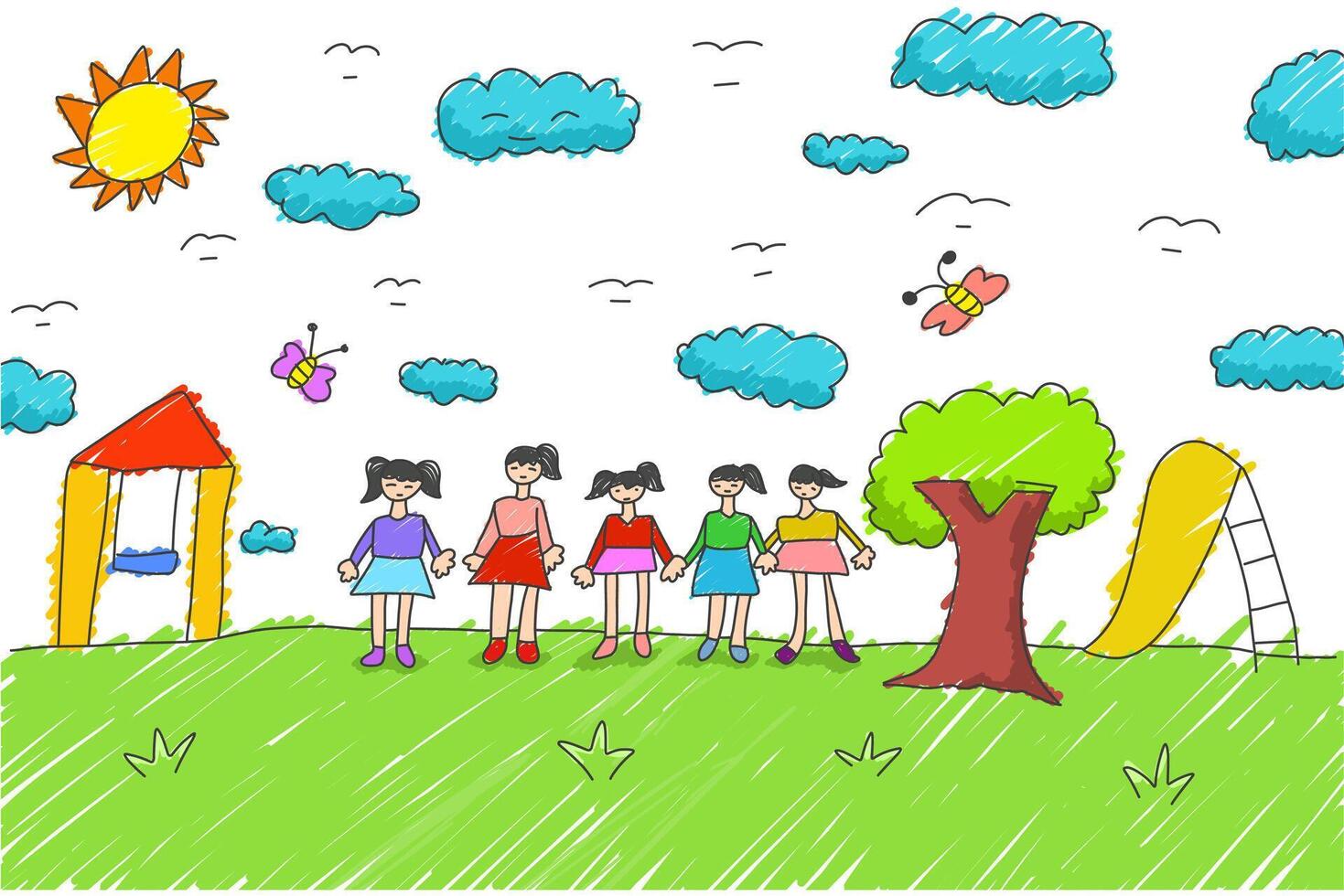 children playing in the park illustration by children. Colored drawing by children vector