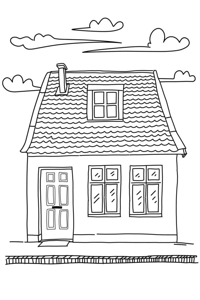 Black and white art line of house. Coloring page of simple house object for children vector