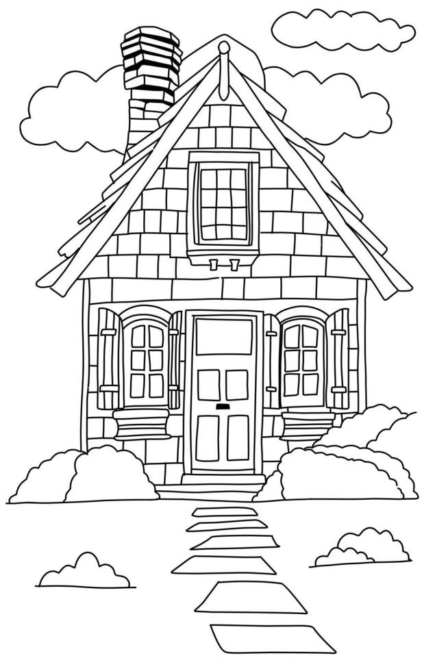 Black and white art line. Coloring page of classic house object for children vector