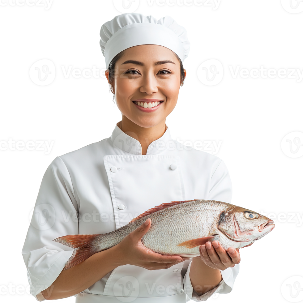 Smiling Female Chef with Fish Isolated on Transparent Background png