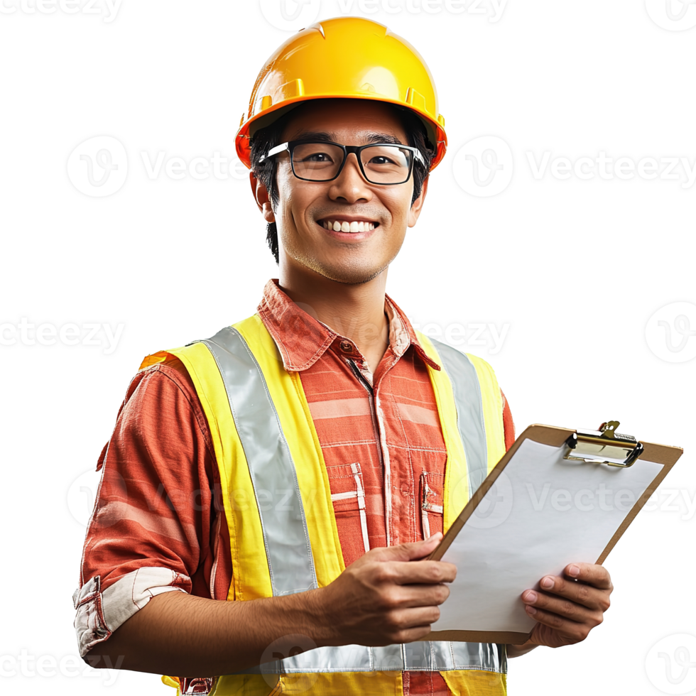 Smiling Asian Construction Worker Wearing Helmet and Holding Clipboard Isolated on Transparent Background png