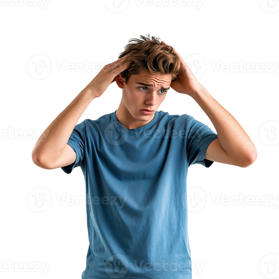 Pensive Young Man Scratching Head, Deep in Thought, Trying to Find Solution Isolated at Transparent Background png