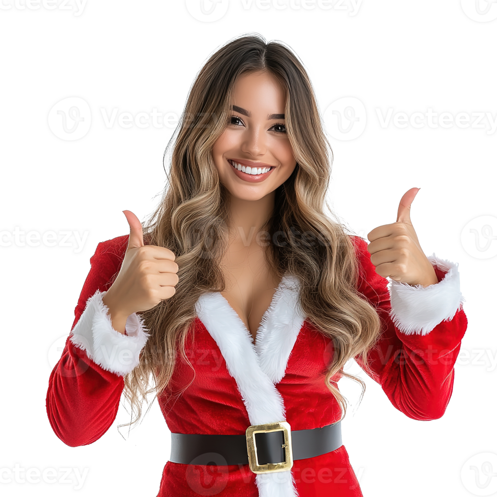 Woman Wearing Santa Hat and Costume Giving Thumbs Up Isolated on the Transparent Background png