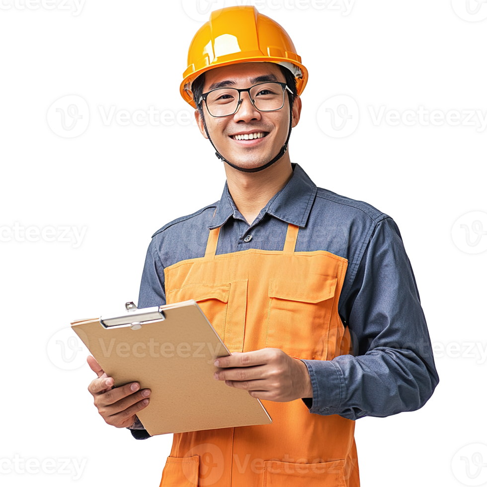 Asian Construction Worker Smiling with Helmet and Clipboard Isolated at Transparent Background png