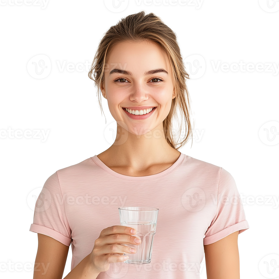 Smiling Woman Holding a Glass of Water, Drinking Water, Isolated on Transparent Background png