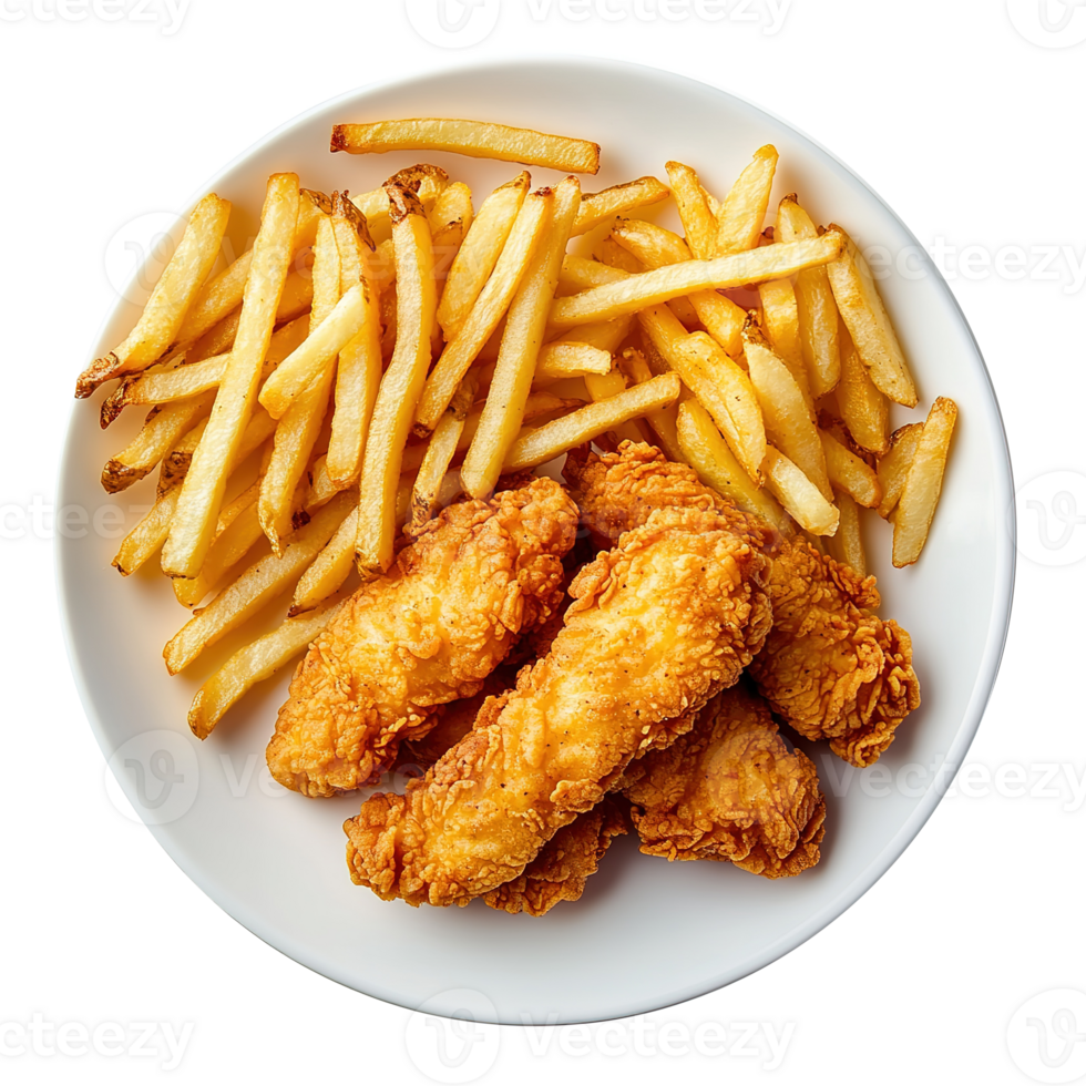 Golden Chicken Strips with French Fries on White Plate Isolated at Transparent Background png