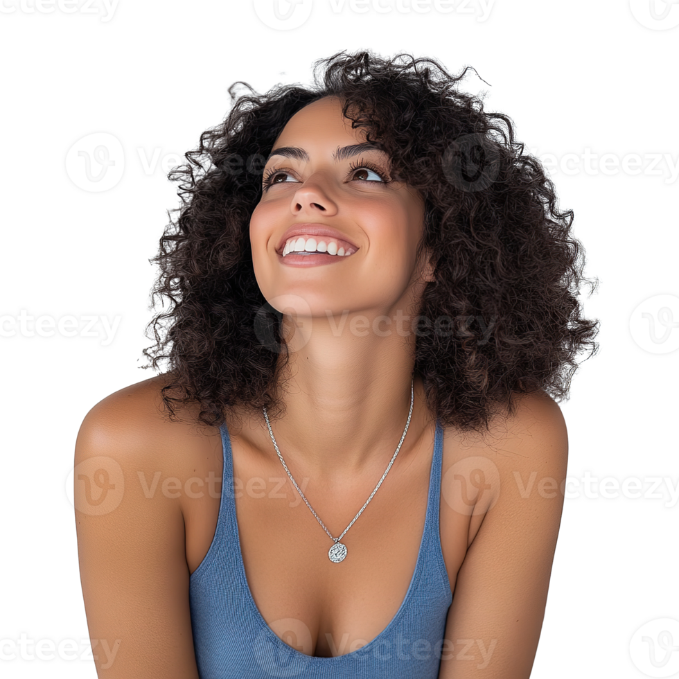 Joyful African American Woman with Afro Hair Looking Up and Smiling Isolated at Transparent Background png