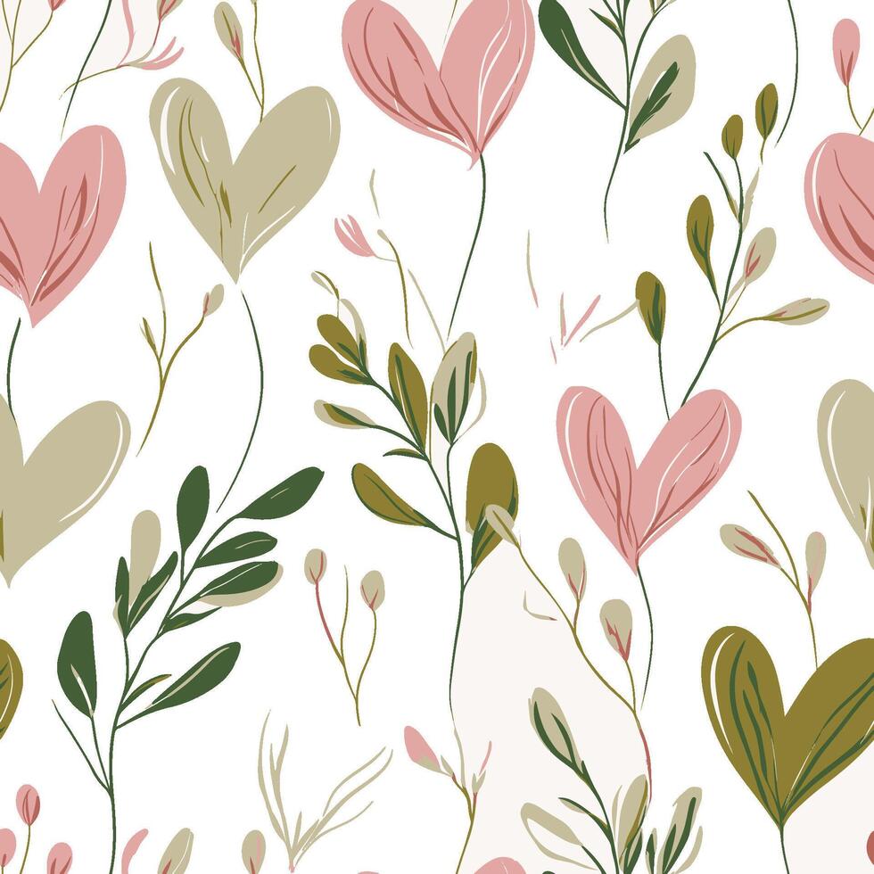 Seamless floral pattern with heart-shaped leaves and delicate botanical elements, romantic spring design vector
