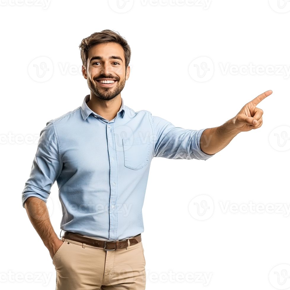 Happy Smiling Young Businessman Pointing Away Isolated on the Transparent Background png