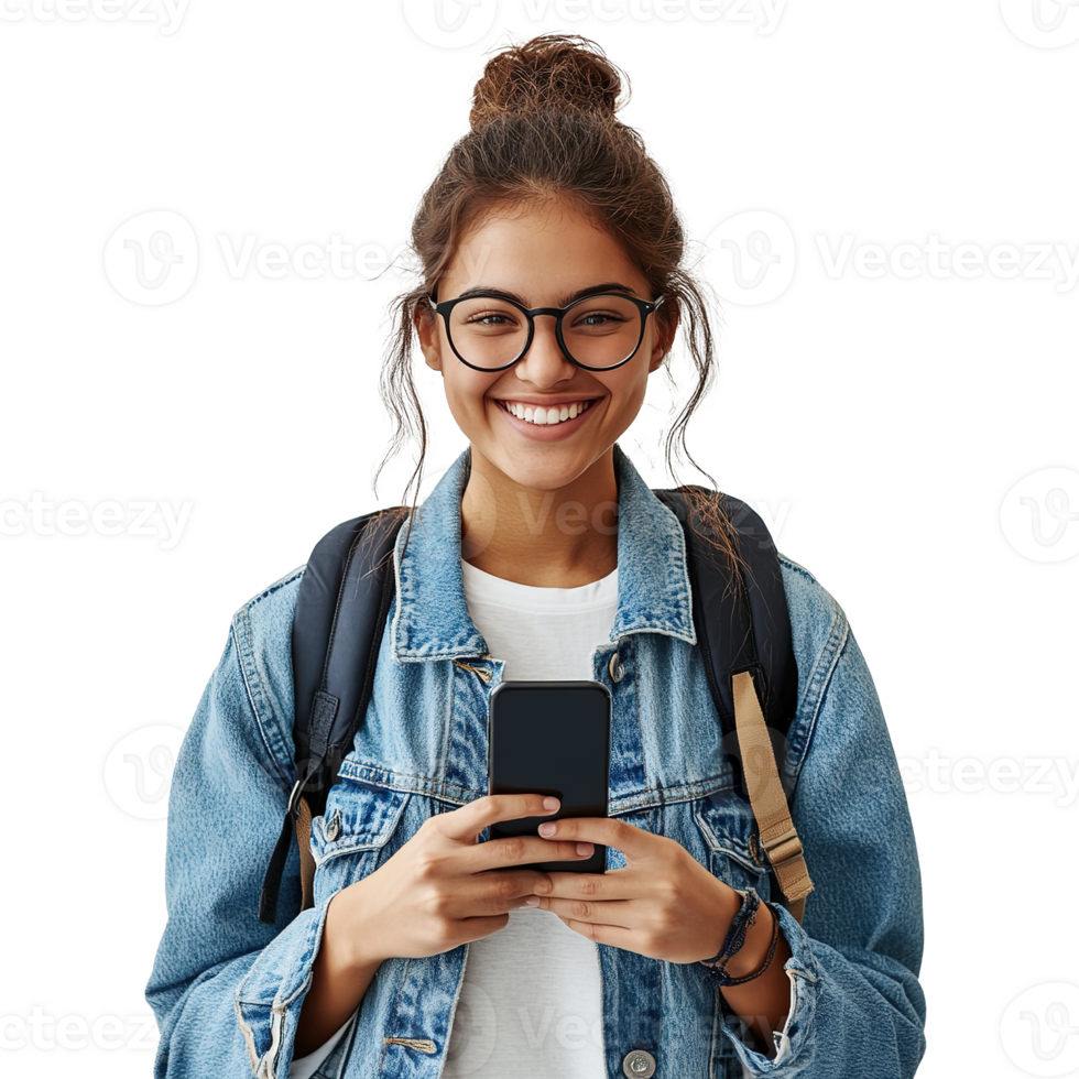 Smiling Young Female College Student Holding Smartphone Isolated on the Transparent Background png