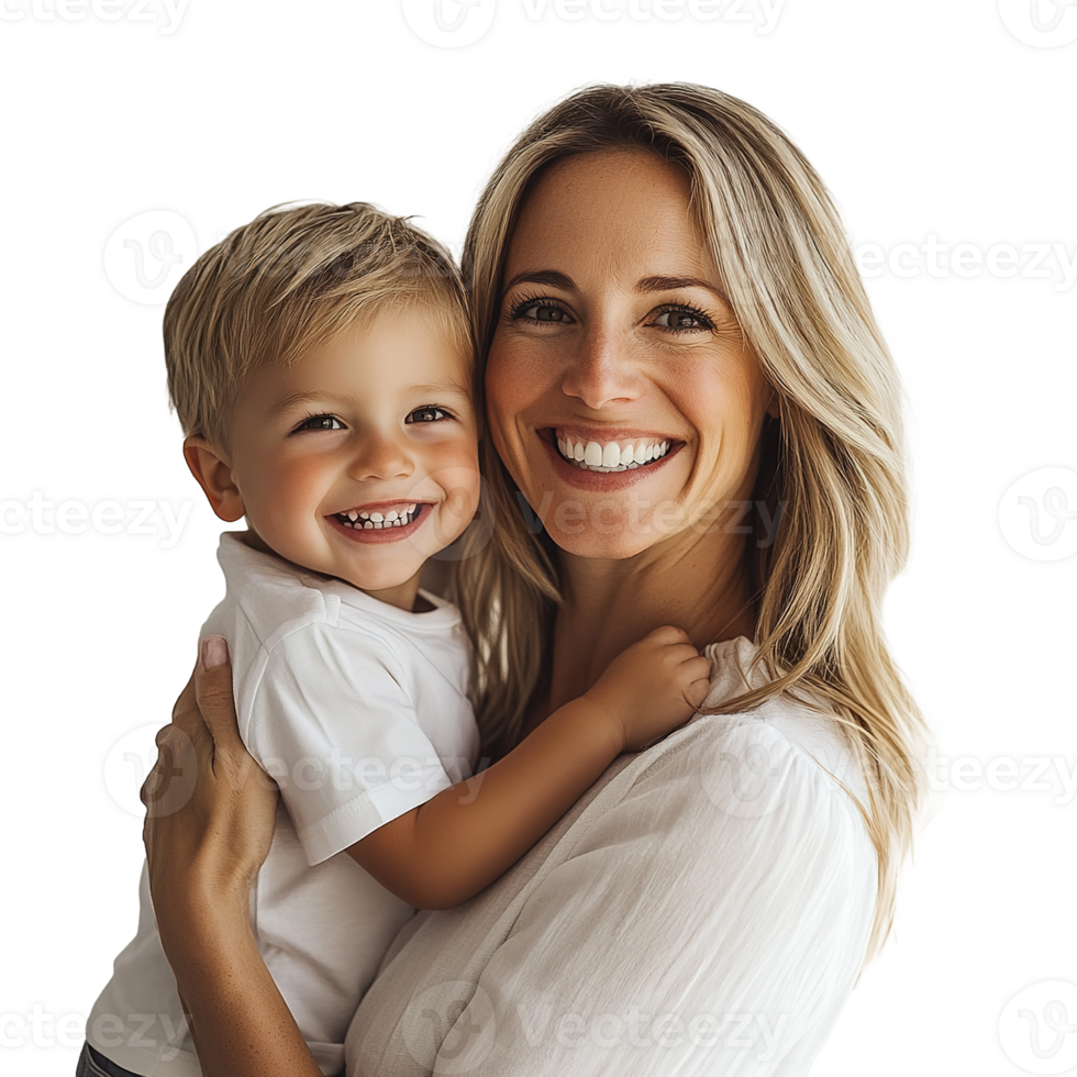 Smiling Mother Hugging and Having Fun with Her Son, Family Relationship and Motherhood Concept Isolated at Transparent Background png