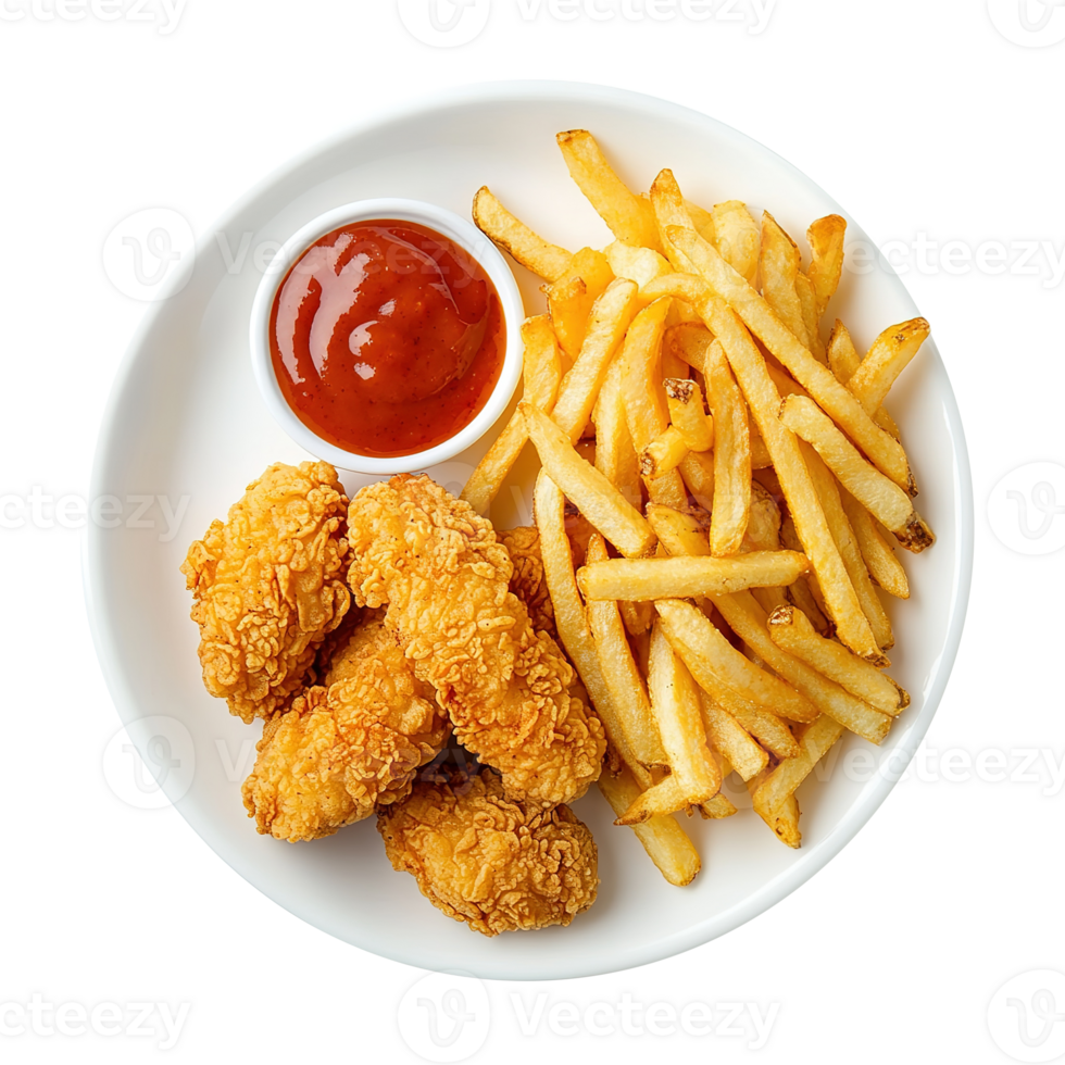Crispy Chicken Strips with French Fries in White Plate Isolated on the Transparent Background png