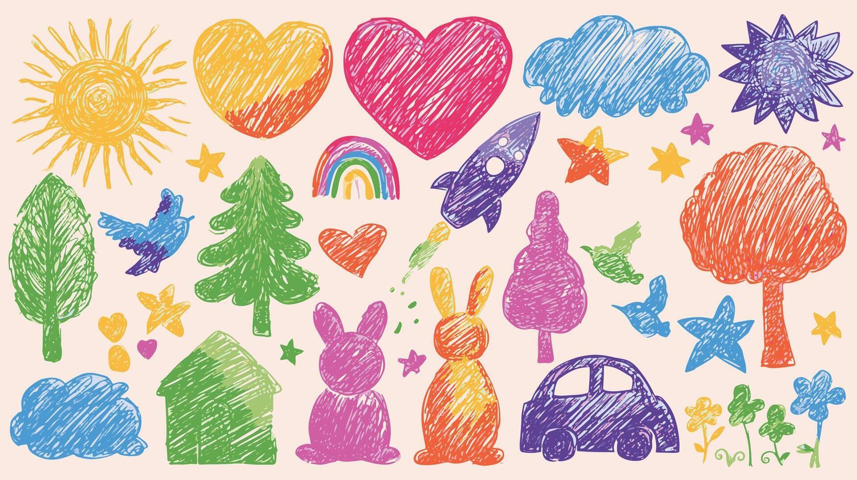 Print Colorful Doodle Set with Nature Elements and Animals vector