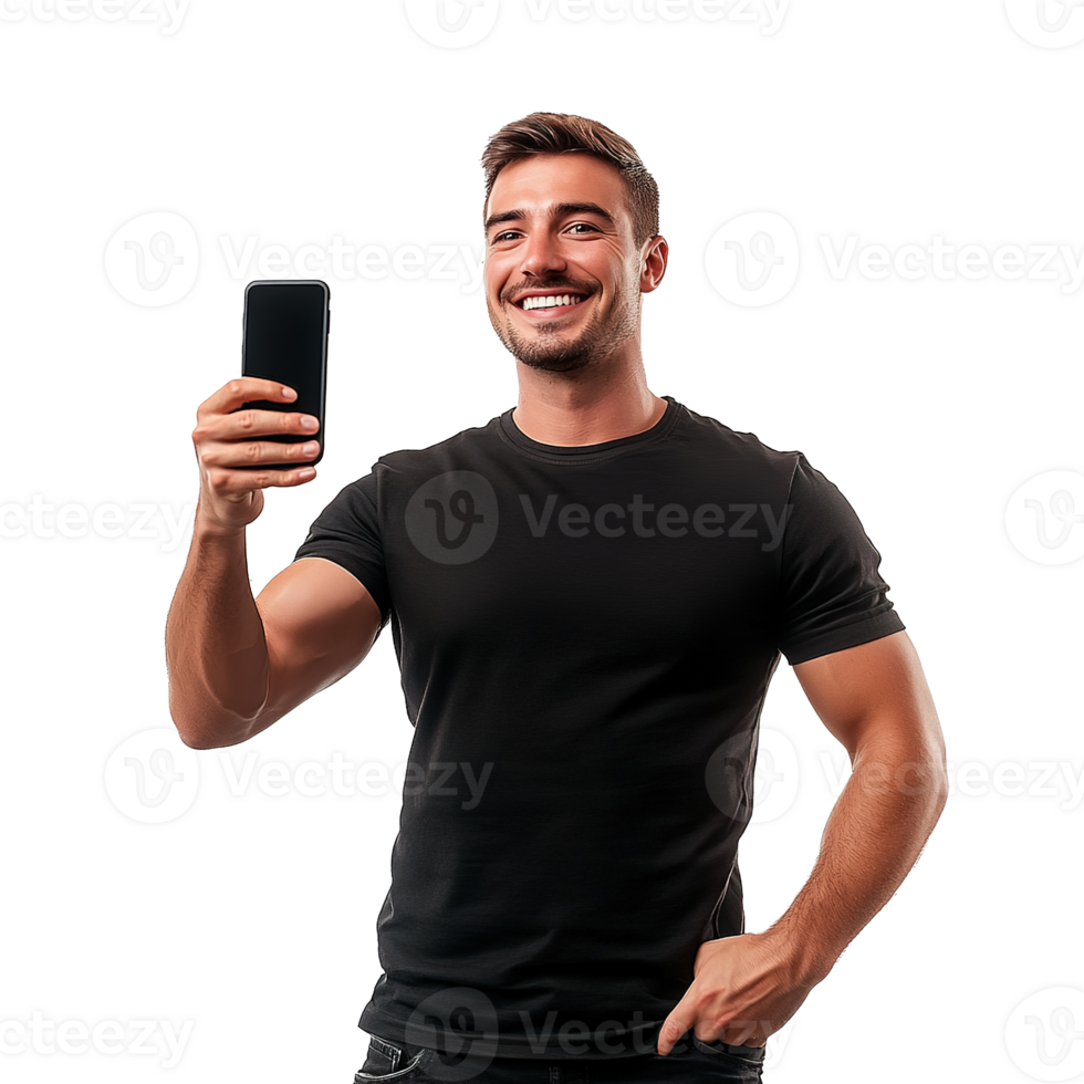 Young Handsome Man in Holding Phone and Taking Selfie Photo Isolated on the Transparent Background png