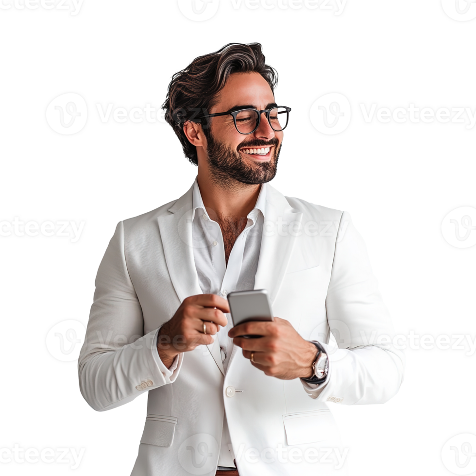 Smiling Businessman Holding a Phone Isolated at Transparent Background png