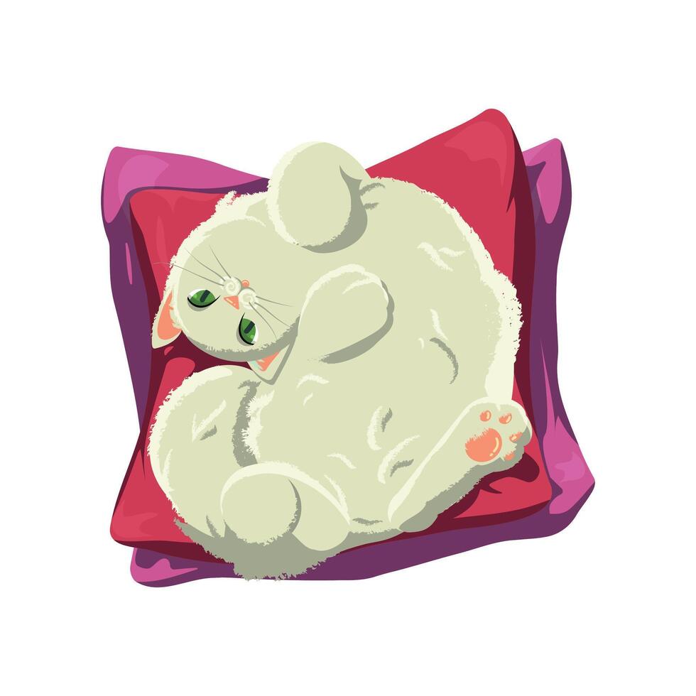 Cute illustration of a cat lying belly up on pillows, viewed from above. Cartoon style. Perfect for children's products, nursery decor, kids' books, stickers, posters, and cozy-themed designs. vector