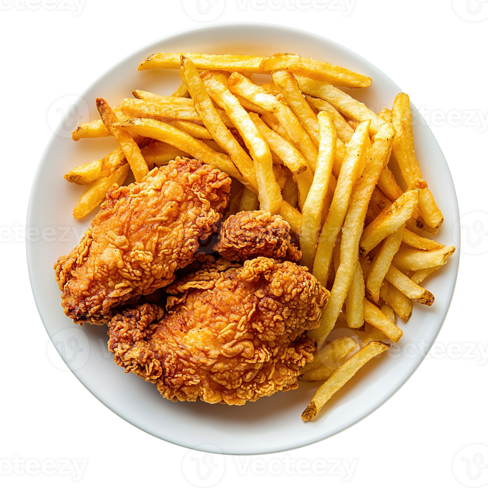 Golden Chicken Strips with French Fries on White Plate Isolated on Transparent Background png