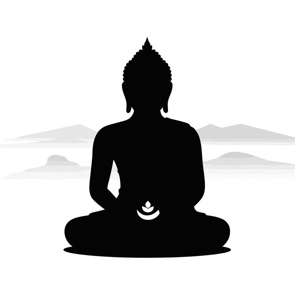 Meditating Buddha Silhouette with Mountain Background vector