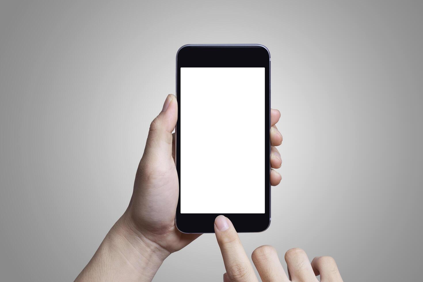 Mockup White screen on mobile phone with hands touching. photo