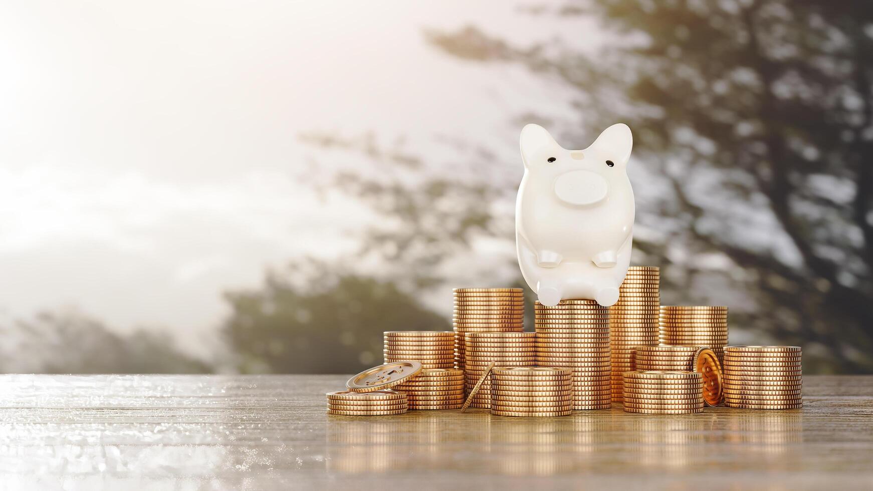 Saving money concept, Piggy bank character on money coin stack positive income growth with copy space. photo