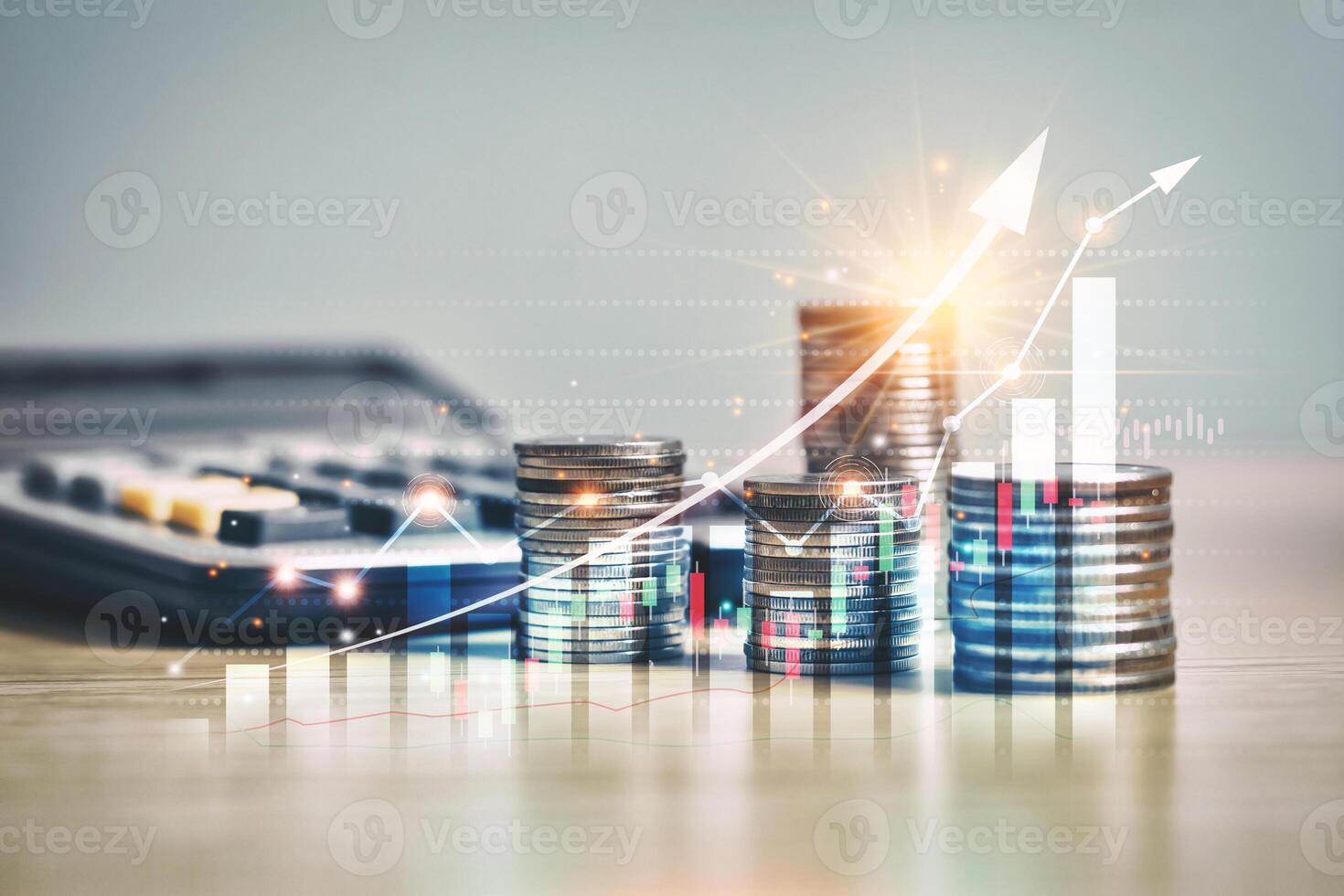 financial market trade chart, arrow on stack of money coins growing, arranged as a graph shown in the virtual screen. the concept of financial, business and economic exchange rates is growing. photo