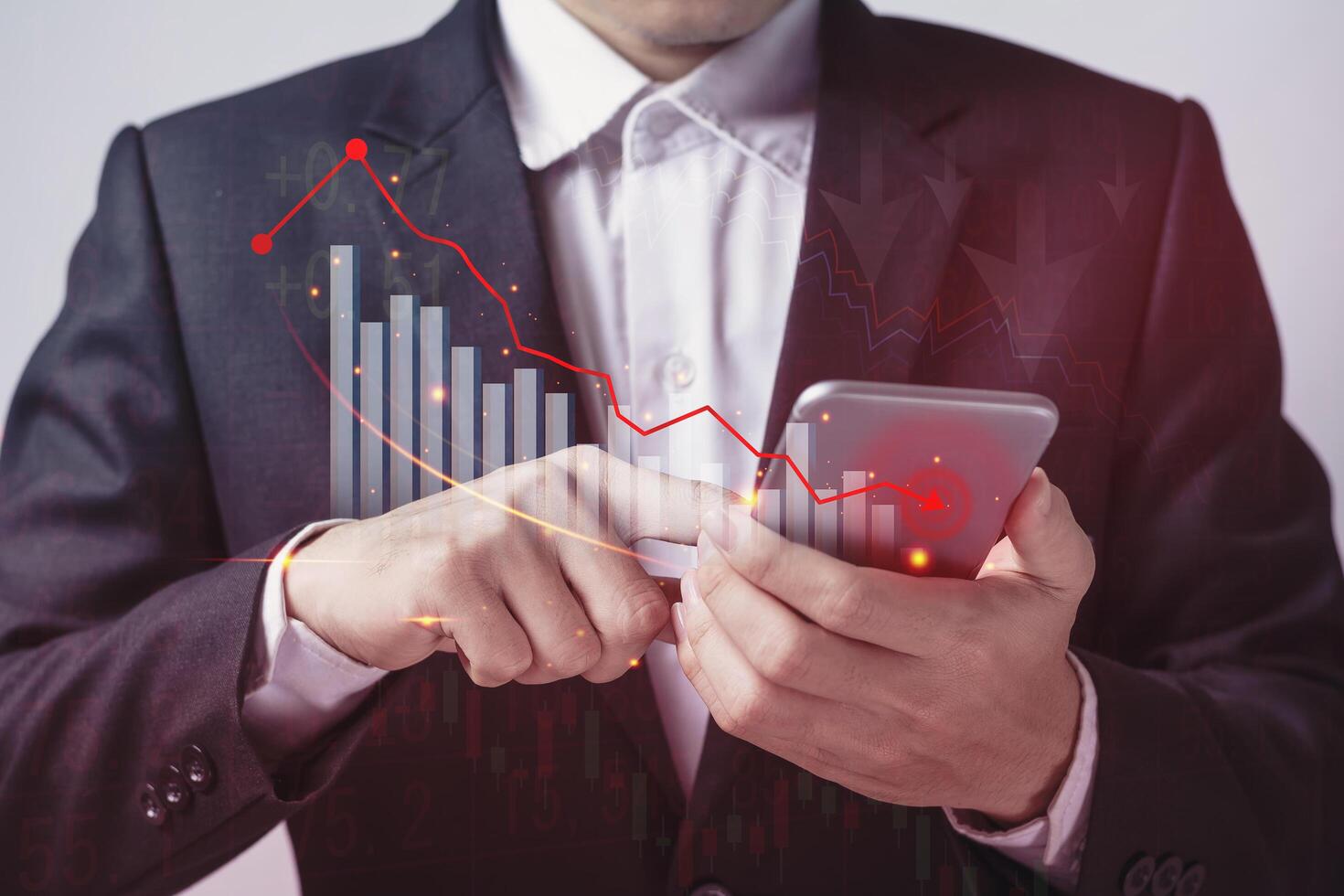 Shares fall down. Markets plunging. Economic crisis stock chart falling down business With business men in the world of investment, the concept of stock market collapse or global financial crisis. photo