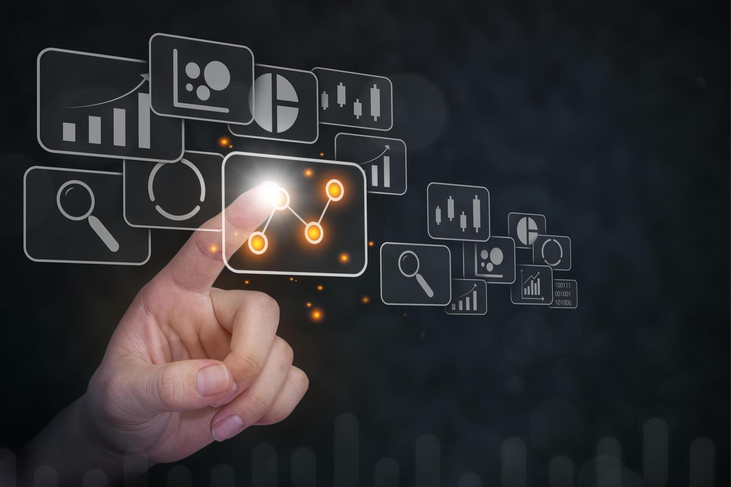 Big data analytics visualization technology with chart and graph icons on a digital screen interface and a businessman hand in background. business intelligence concept photo
