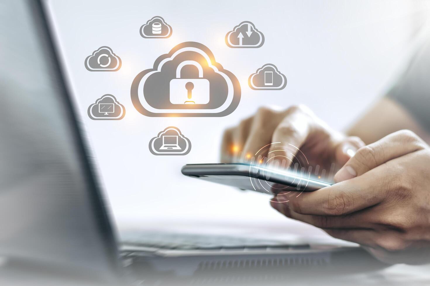 Young Asian man is holding a smartphone, Personal data Security lock cyber is a key safe device. photo