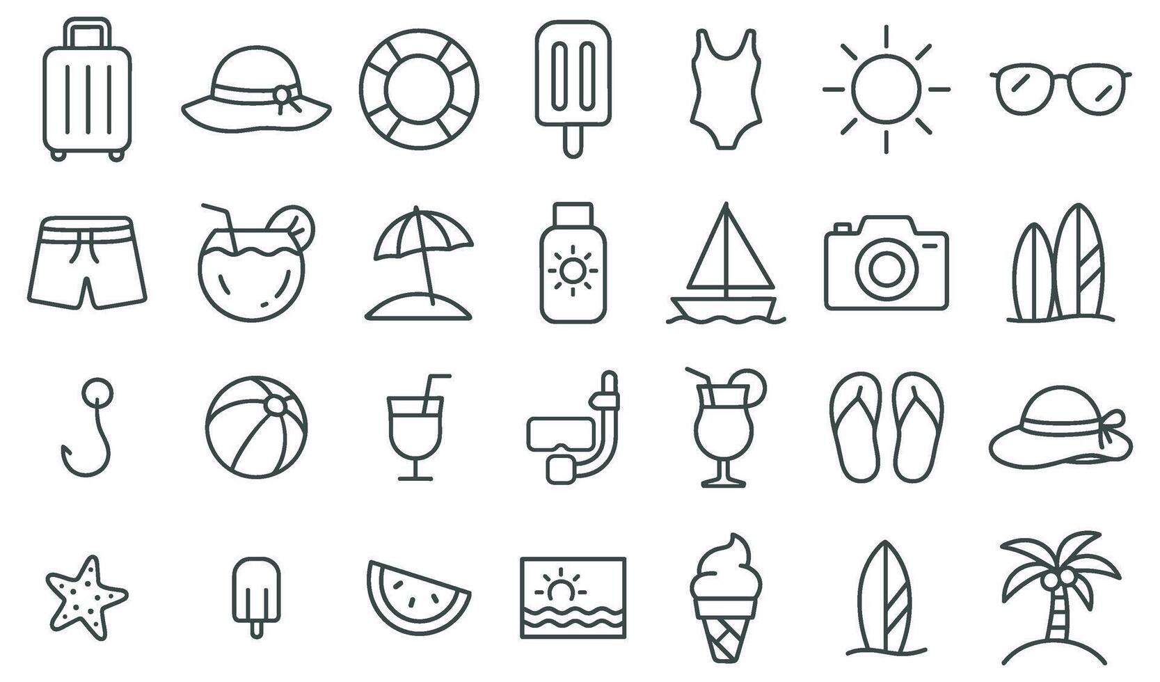 Minimalist summer vacation icons representing travel, leisure, and beach activities outline style vector
