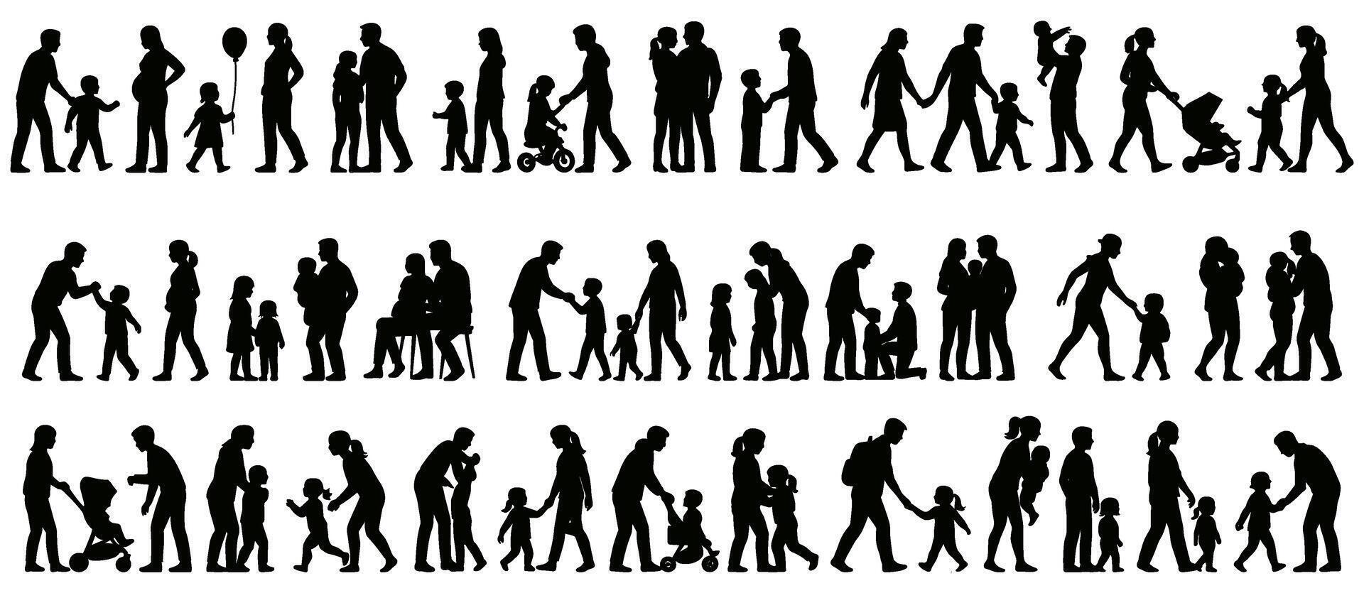 Diverse family silhouettes showcase multigenerational love parenting and familial bonds in dynamic arrangement vector