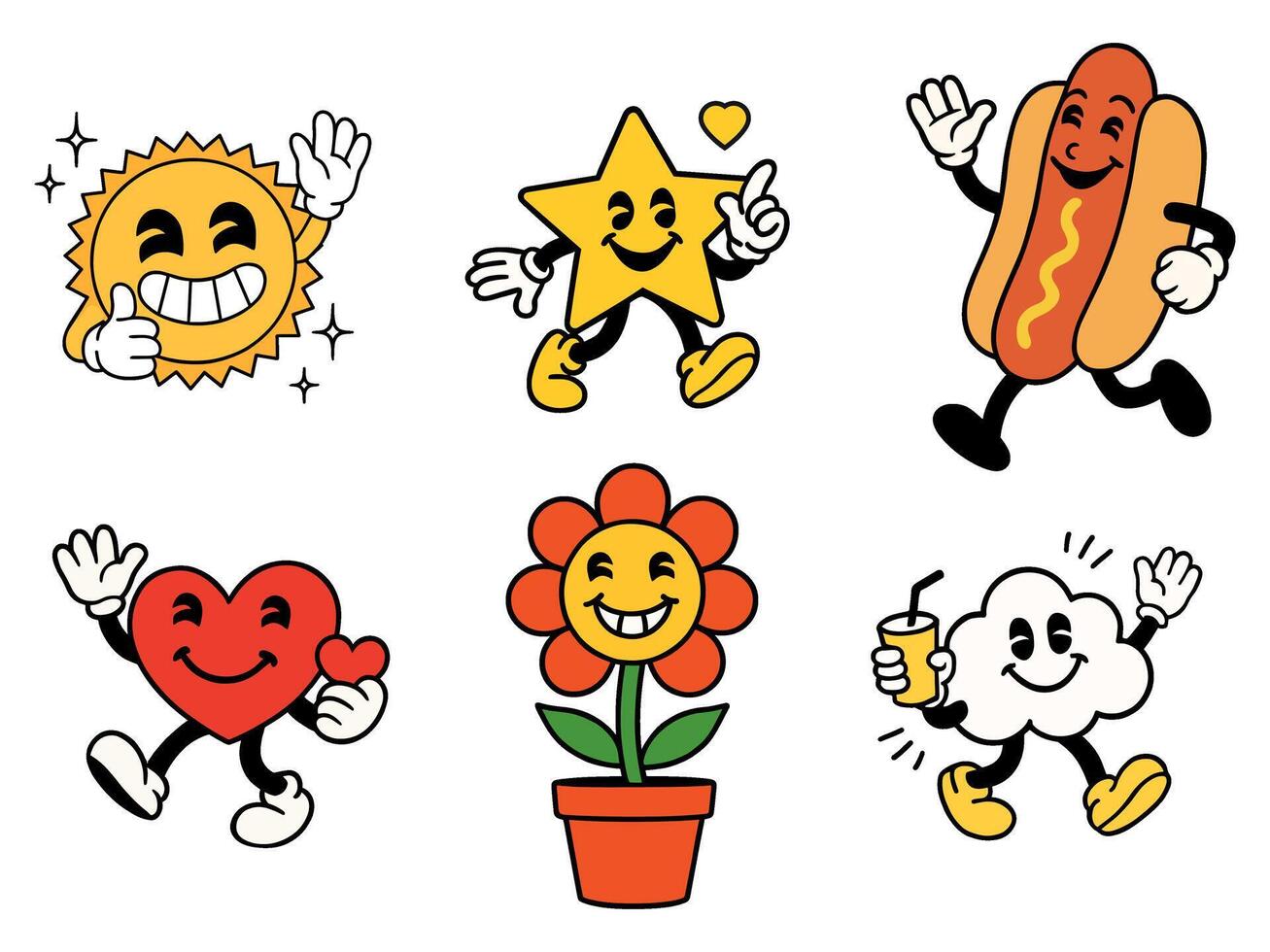 Groovy cartoon characters collection evoking the classic era of animation with sunny star and savory snacks vector