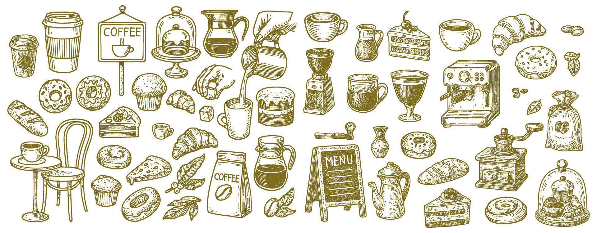 Assorted delightful coffee and pastry elements arranged showcasing bakery and cafe ambiance in engraving style vector