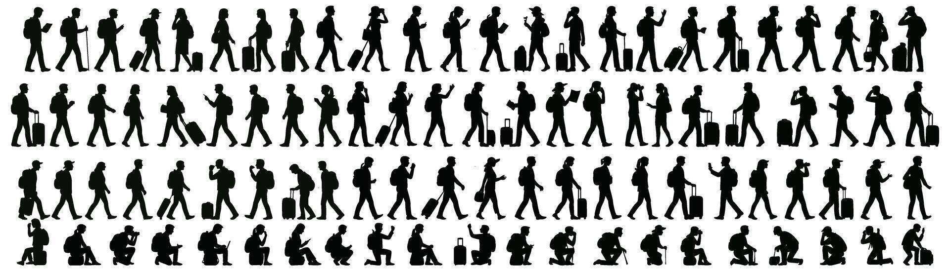 Diverse travelers explore and connect various depictions of individuals on journeys carrying bags and devices vector