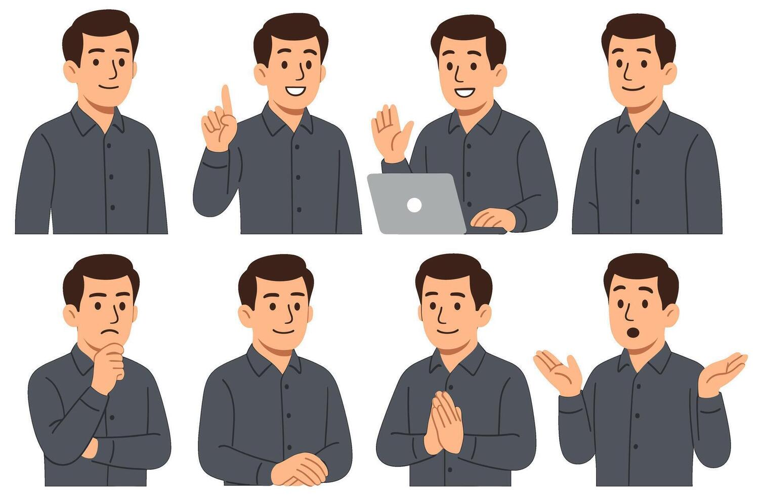 Collection of business character illustrations showing diverse expressions and interaction with laptop, suitable design resources vector