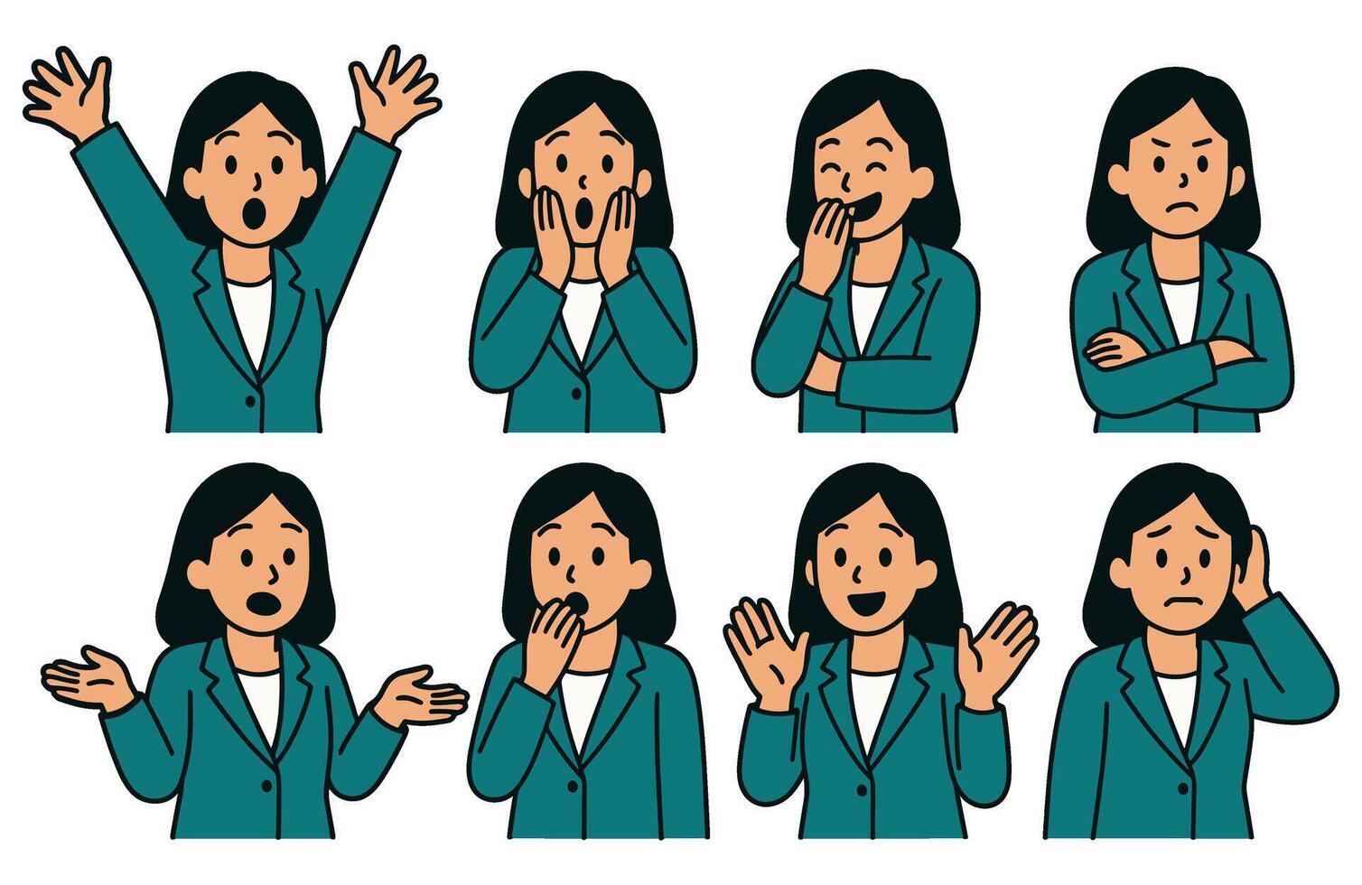 Illustrative expressions set showcasing emotions of a young professional woman in various business scenarios vector